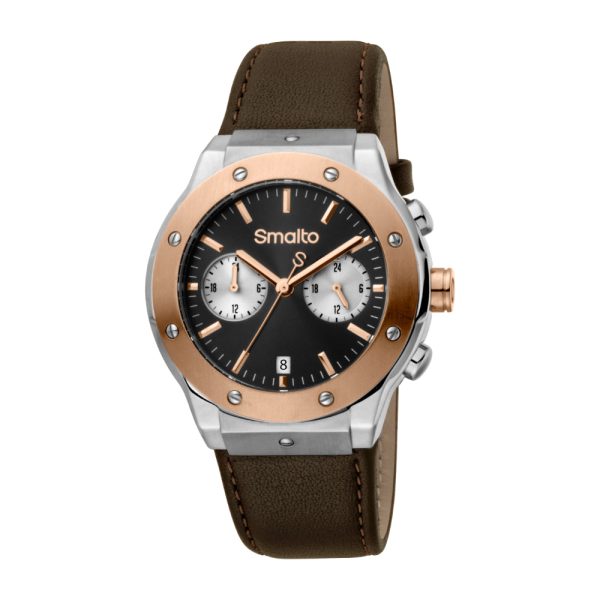 Smalto Men Watch, Two Tone Silver & Rose Gold Color Case, Black Dial, Brown Strap Online Hot Sale