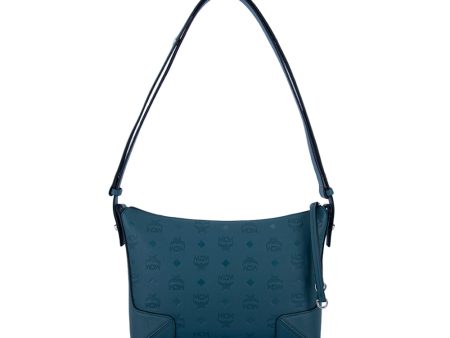 MCM Klara Monogram Leather Shoulder Bag Deep Teal  Medium on Sale