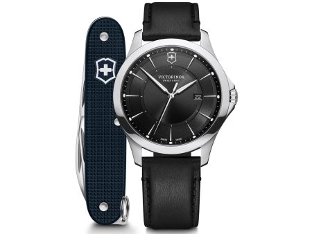 Victorinox Alliance 40 Black Dial Black Leather Strap Men s Watch With Swiss Army Knife Set Cheap