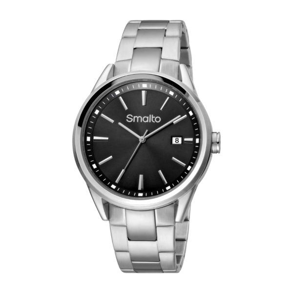 Smalto Men Watch Silver Color Case, Black Dial, Stainless Steel Metal Bracelet For Discount