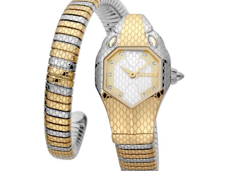 Just Cavalli Women Watch, Two Tone Silver & Gold Color Case, White Mop Dial, Two Tone Silver & Gold Color Stainless Steel Metal Bracelet on Sale