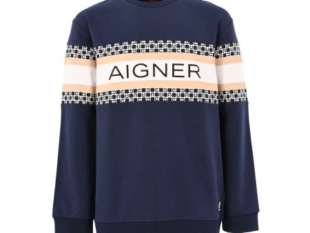 Aigner Kids Logo Print Navy Blue Sweatshirt Discount