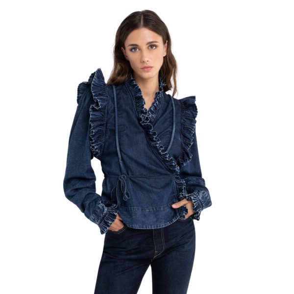 Replay Women s Atelier Replay Denim Shirt with Ruffles For Cheap