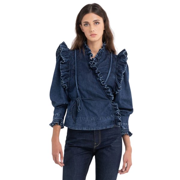 Replay Women s Atelier Replay Denim Shirt with Ruffles For Cheap