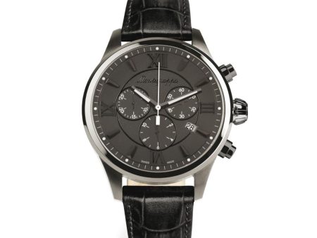 Montegrappa Fortuna  Men s Chronograph Gun Metal Black Leather Strap Watch Fashion